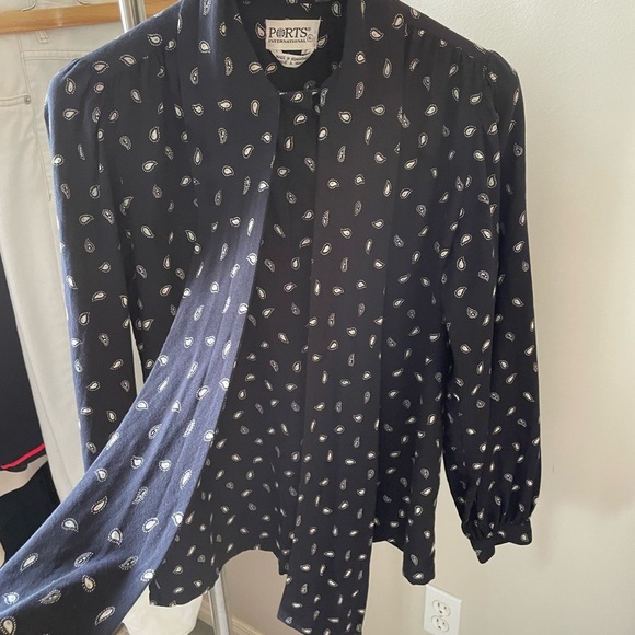 Ports Vintage Lg Sleeve Paisley Cotton + Wool Blouse Navy White Gray Sz 6 - Picture 3 of 12